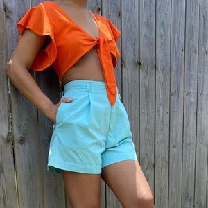 Cone orange flare tie crop cotton blend blouse